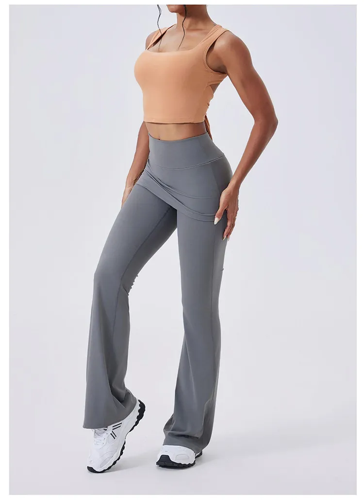 Calças de Yoga Flare de Cintura Alta com Ruchado e Controle de Barriga 4-Way Leggings de Ginástica com Sobreposição de Saia