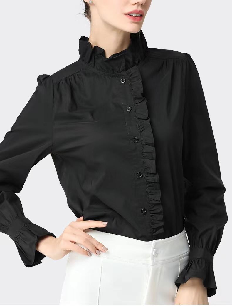 Blusa feminina casual com gola de babado e mangas com placket