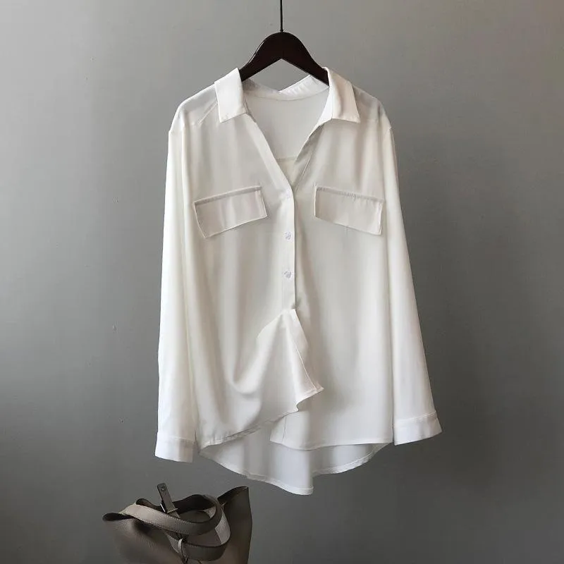 Blusa de seda satinada branca solta e elegante para mulheres, roupas de outono, camisa formal de manga longa com bolso para lady de escritório