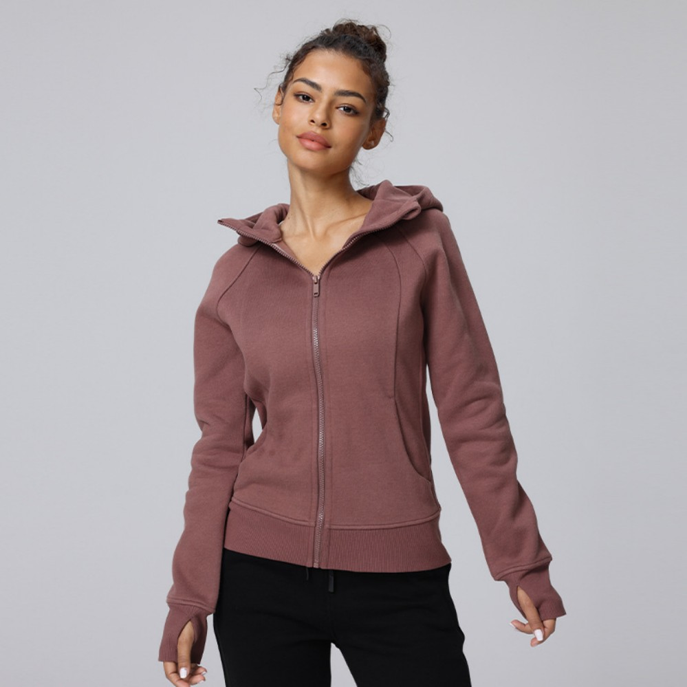 Moletom feminino de moda esportiva personalizado por atacado, forrado com fleece, quente, com capuz, ajuste slim, espesso, jaqueta de fitness e yoga para outono e inverno