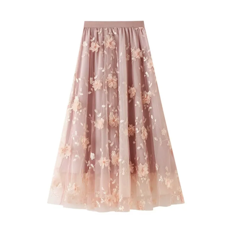 Saia Midi Casual de Renda Bordada com Lantejoulas para Mulheres, Saia em Cauda de Peixe de Comprimento Médio