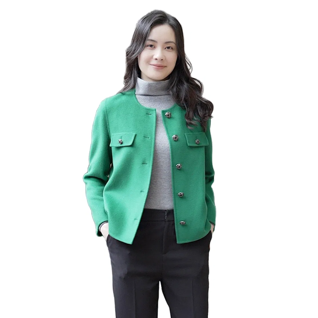Blazer feminino tendência verde misto de lã merino e caxemira