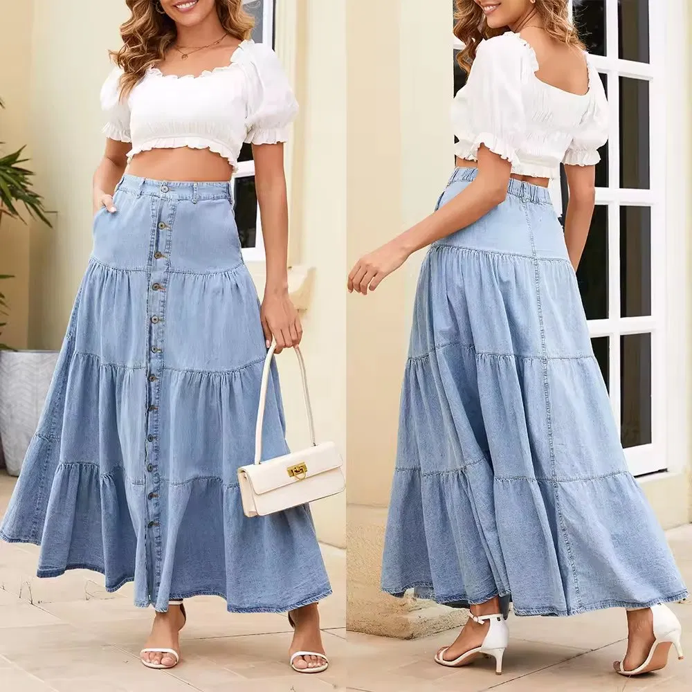 Saia de Denim Vintage com Botões para Mulheres, Sólida, Comprimento até o Tornozelo, em A-Line para o Verão
