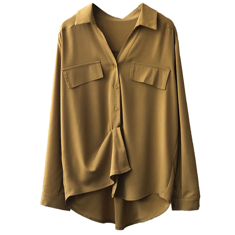 Blusa de seda satinada branca solta e elegante para mulheres, roupas de outono, camisa formal de manga longa com bolso para lady de escritório