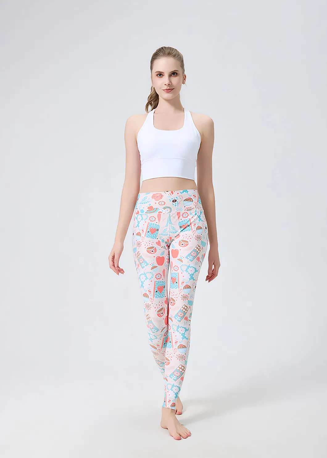 Leggings de Yoga Impressas em Rosa Fofo, Calças de Yoga para Mulheres com Cintura Alta e Elástico Stretchable