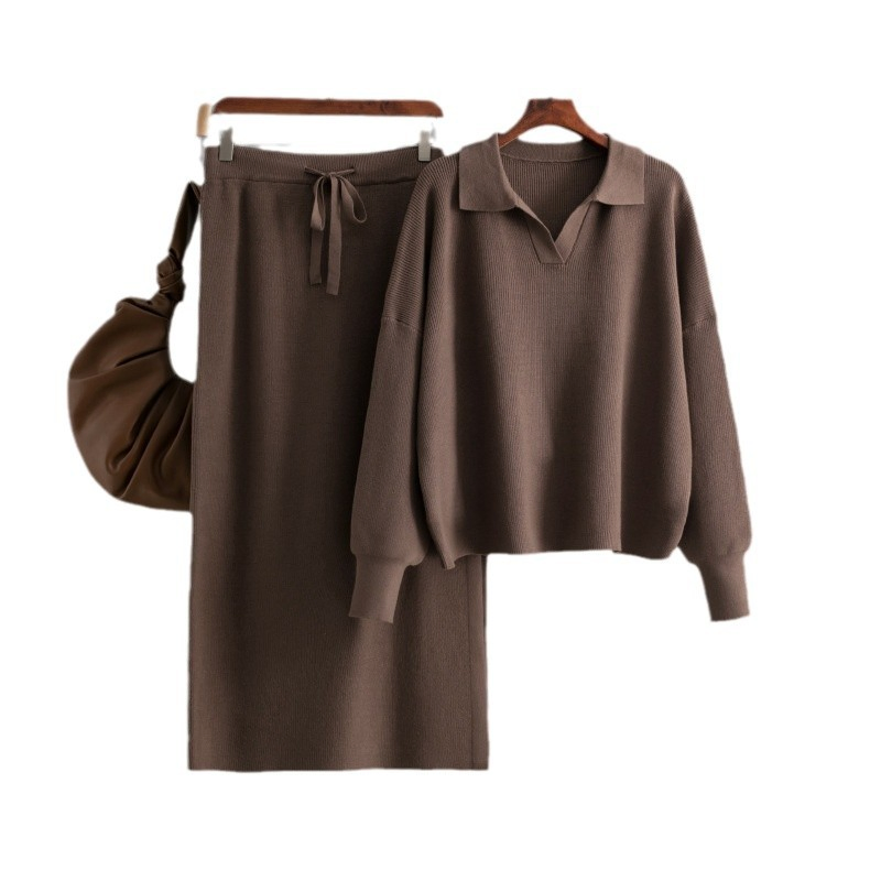 Vestido de malha para mulheres com gola polo, saia base combinando com casaco, longo abaixo do joelho, estilo solto e grosso