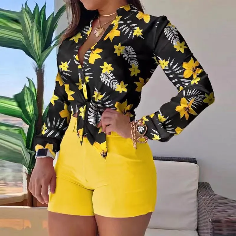 Blusas de Manga Longa Femininas Camisa Floral Impressa
