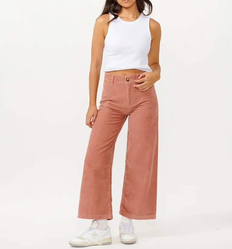 Calças de corduroy femininas personalizadas com fecho de zíper e bolsos laterais
