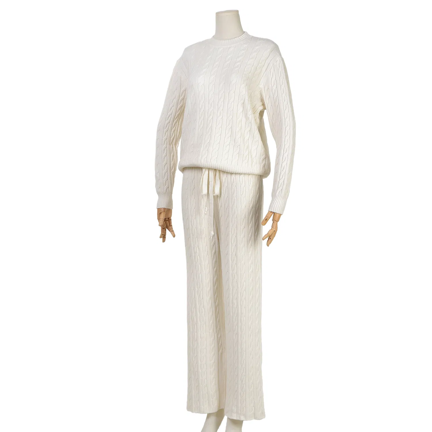 Conjunto de Suéter Feminino em Tricô com Padrão de Tricô em Cor Bege e Calças Longas de Tricô