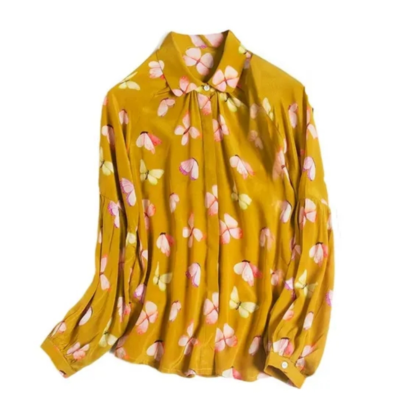 Blusa de Seda Elegante para Mulheres com Mangas de Micro Lanterna Impressas Únicas