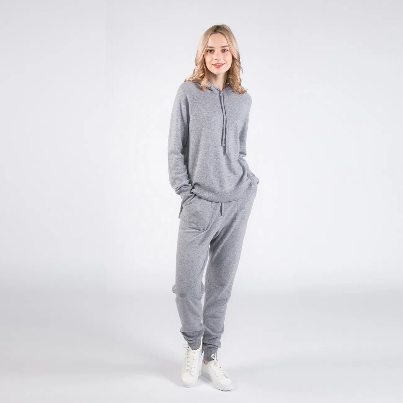 Calças de Lazer de Cashmere Luxuoso para Mulheres e Suéter de Capuz de Cashmere