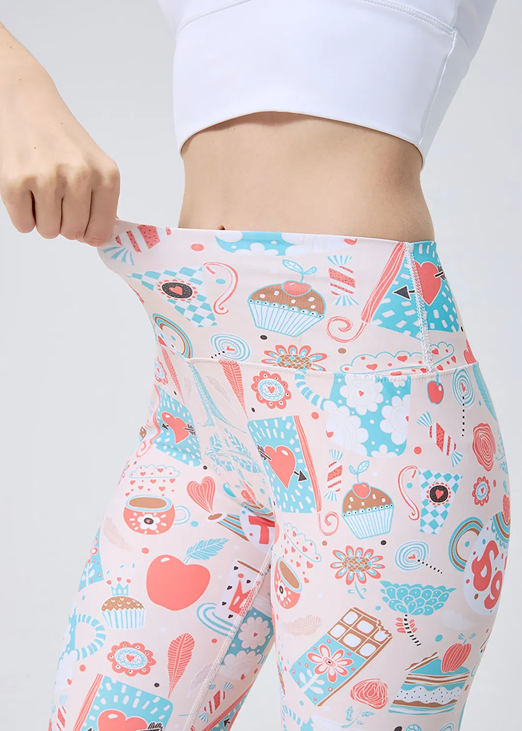 Leggings de Yoga Impressas em Rosa Fofo, Calças de Yoga para Mulheres com Cintura Alta e Elástico Stretchable
