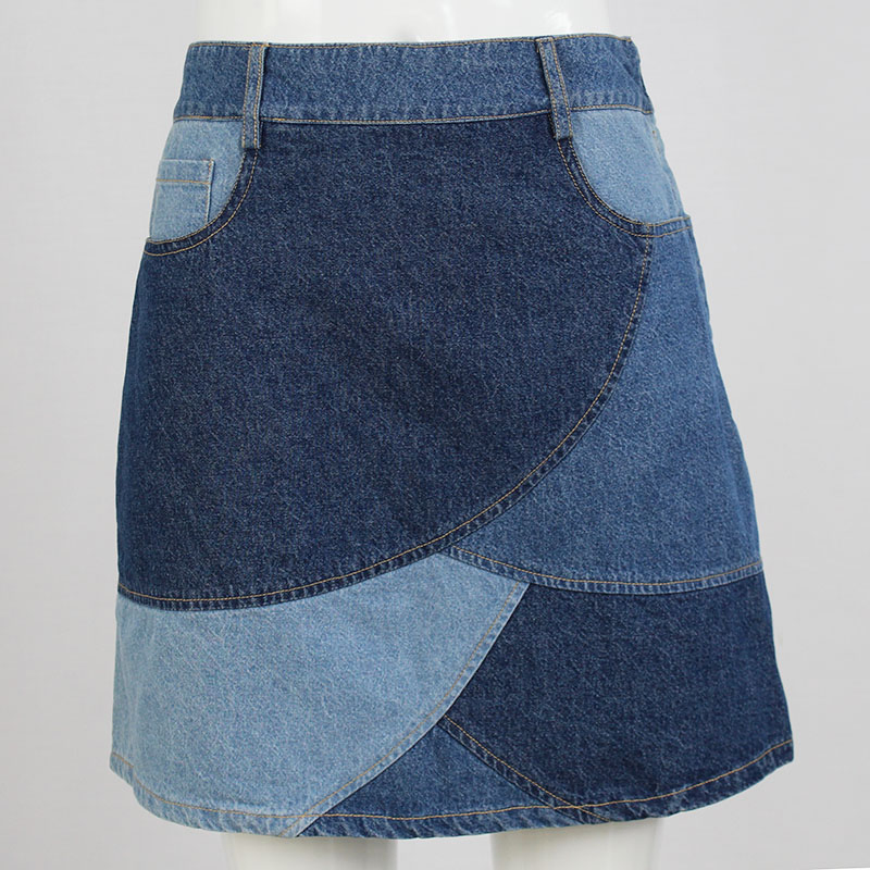Saia Mini A-Line Casual de Verão para Mulheres em Denim com Patches de Cores Contrastantes