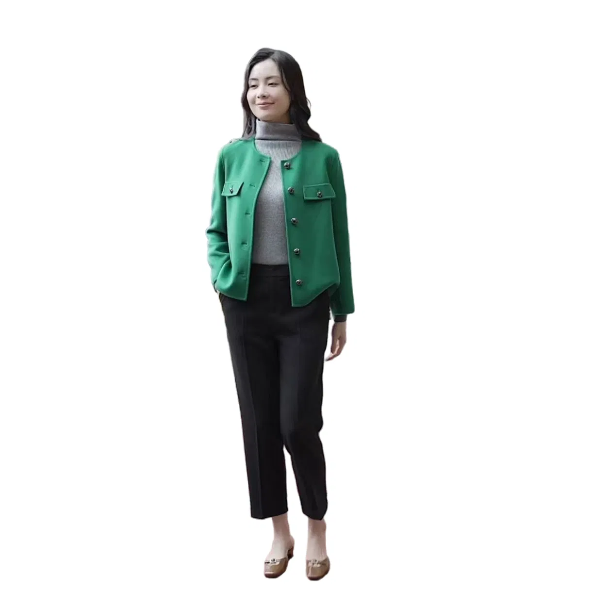 Blazer feminino tendência verde misto de lã merino e caxemira