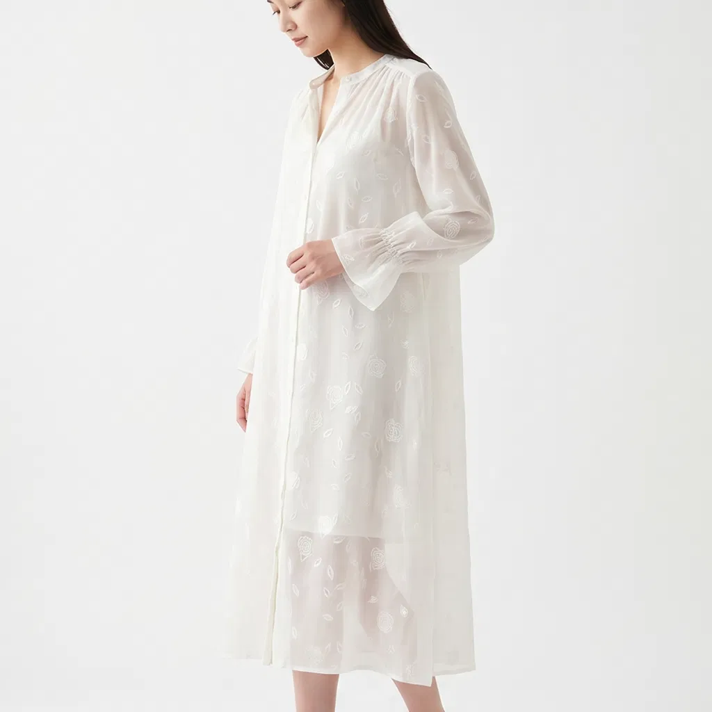 Vestido Longo Jacquard de Cor Sólida para Mulheres, Decote em V, Manga Flare, Blusa Tunic de Jacquard Floral Transparente