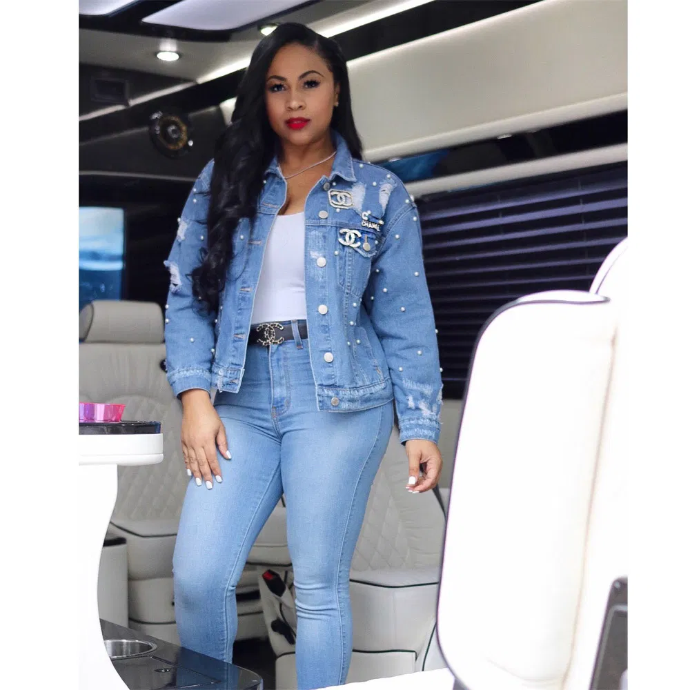 Calças de Denim Clássicas Esticadas Azuis para Mulheres Personalizadas de Fábrica