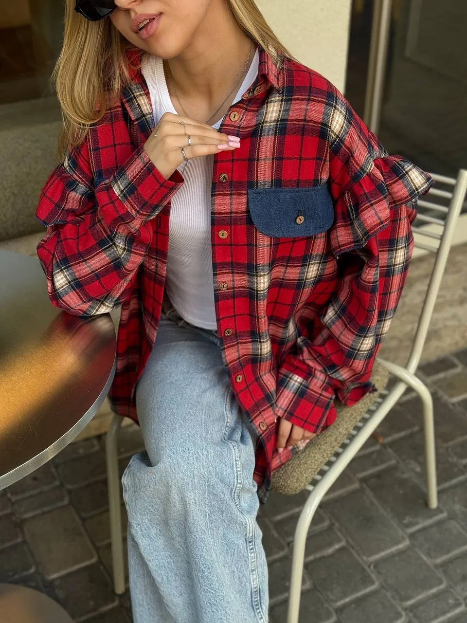 Camisa de Flanela Xadrez Oversized Feminina de Manga Longa Casual com Botões Blusa Checada Vintage para Mulheres