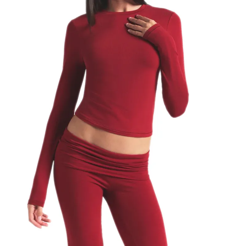 Conjunto Feminino Ky Ajustado com Manga Longa e Calças Flare Estilo Básico Versátil