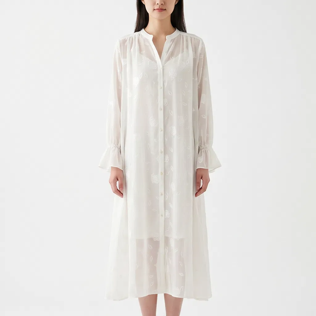Vestido Longo Jacquard de Cor Sólida para Mulheres, Decote em V, Manga Flare, Blusa Tunic de Jacquard Floral Transparente