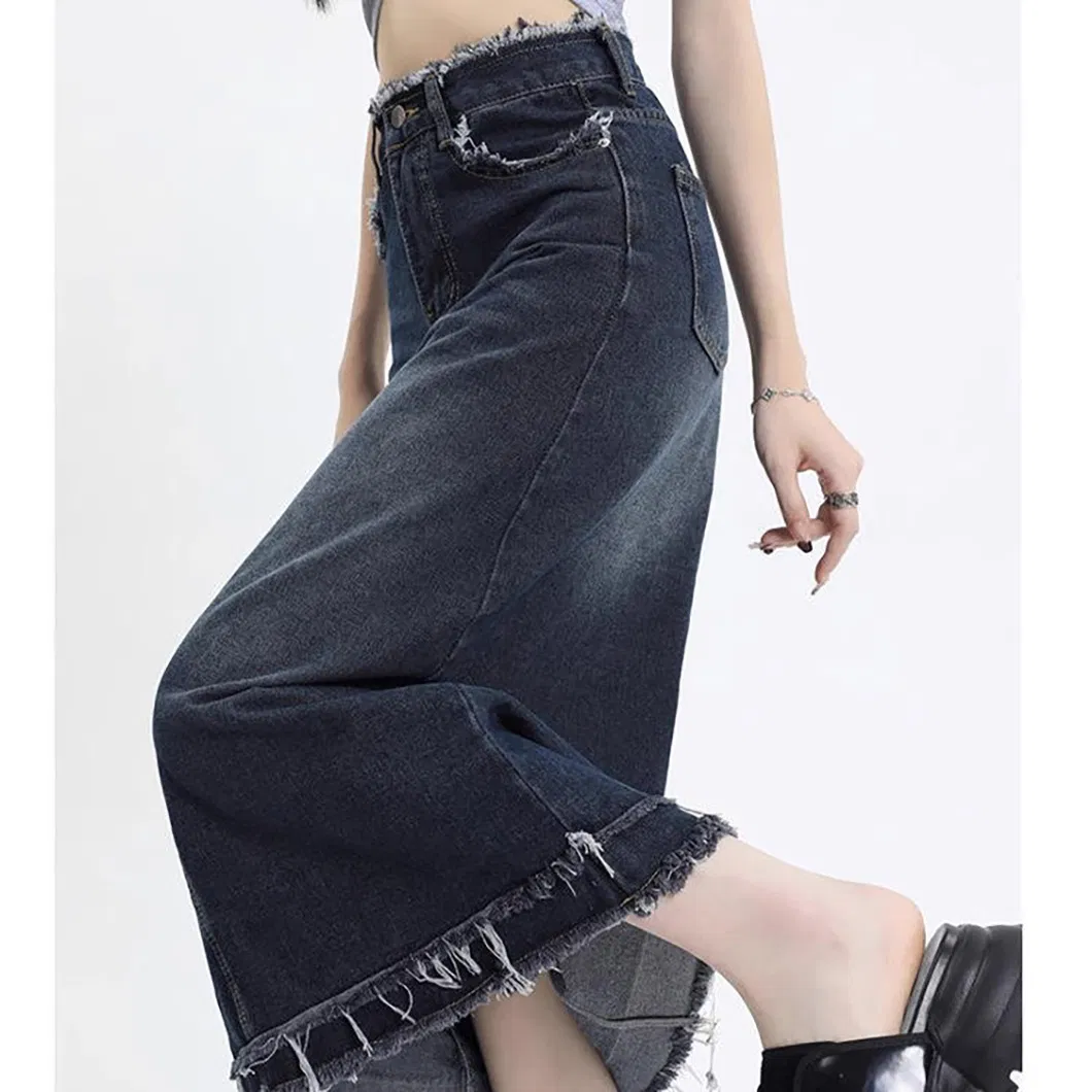 Saia de denim feminina de comprimento médio na cor ferrugem com cintura alta e ajuste solto, novo estilo de saia de denim feminina