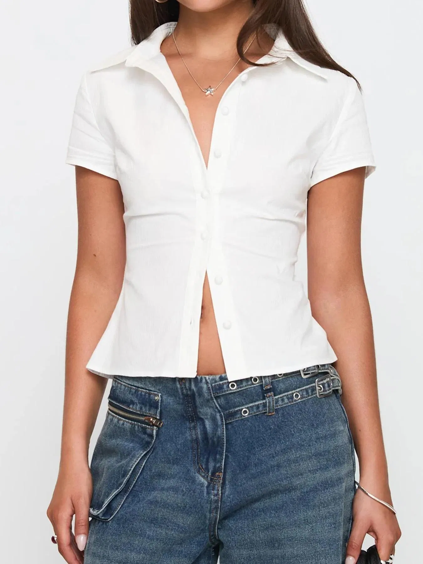 Blusa curta de manga curta com gola de lapela para mulheres, frente dividida, botão, ajuste slim Y2K Top de verão