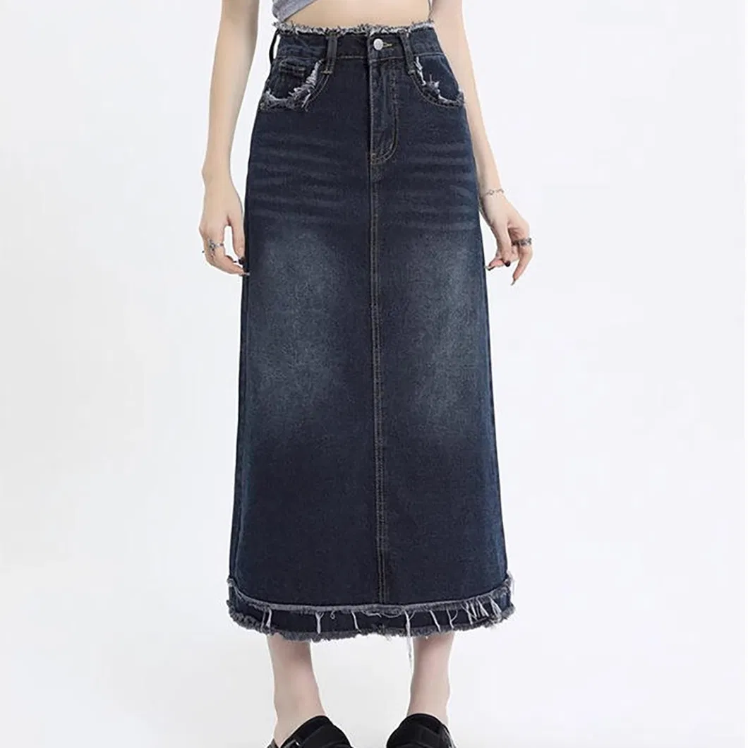 Saia de denim feminina de comprimento médio na cor ferrugem com cintura alta e ajuste solto, novo estilo de saia de denim feminina