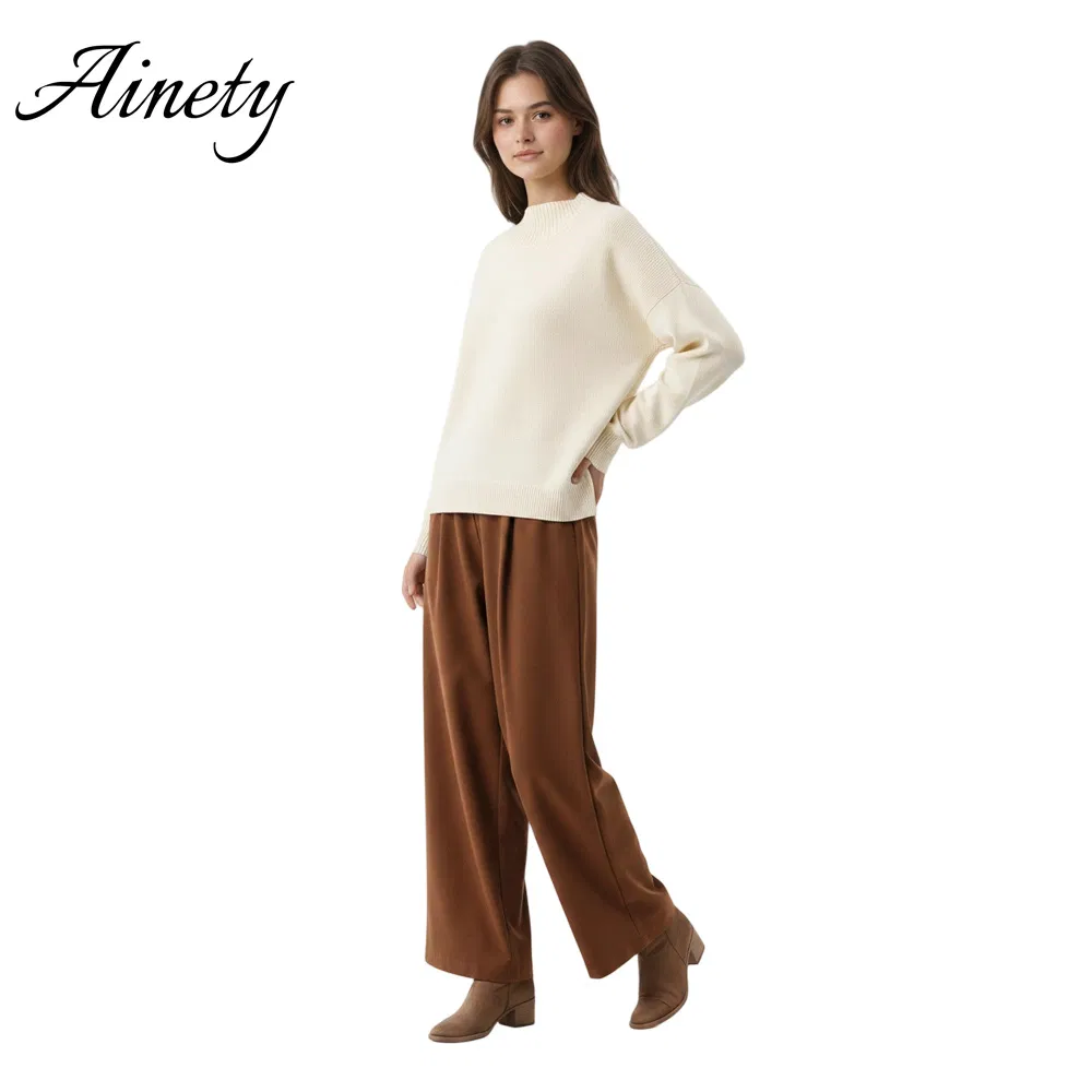 Suéter de luxo feminino tricotado, suéter de pura caxemira, gola alta, ajuste solto, suéter de inverno