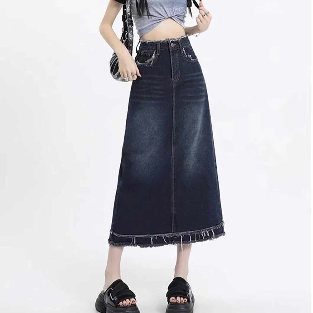Saia de denim feminina de comprimento médio na cor ferrugem com cintura alta e ajuste solto, novo estilo de saia de denim feminina