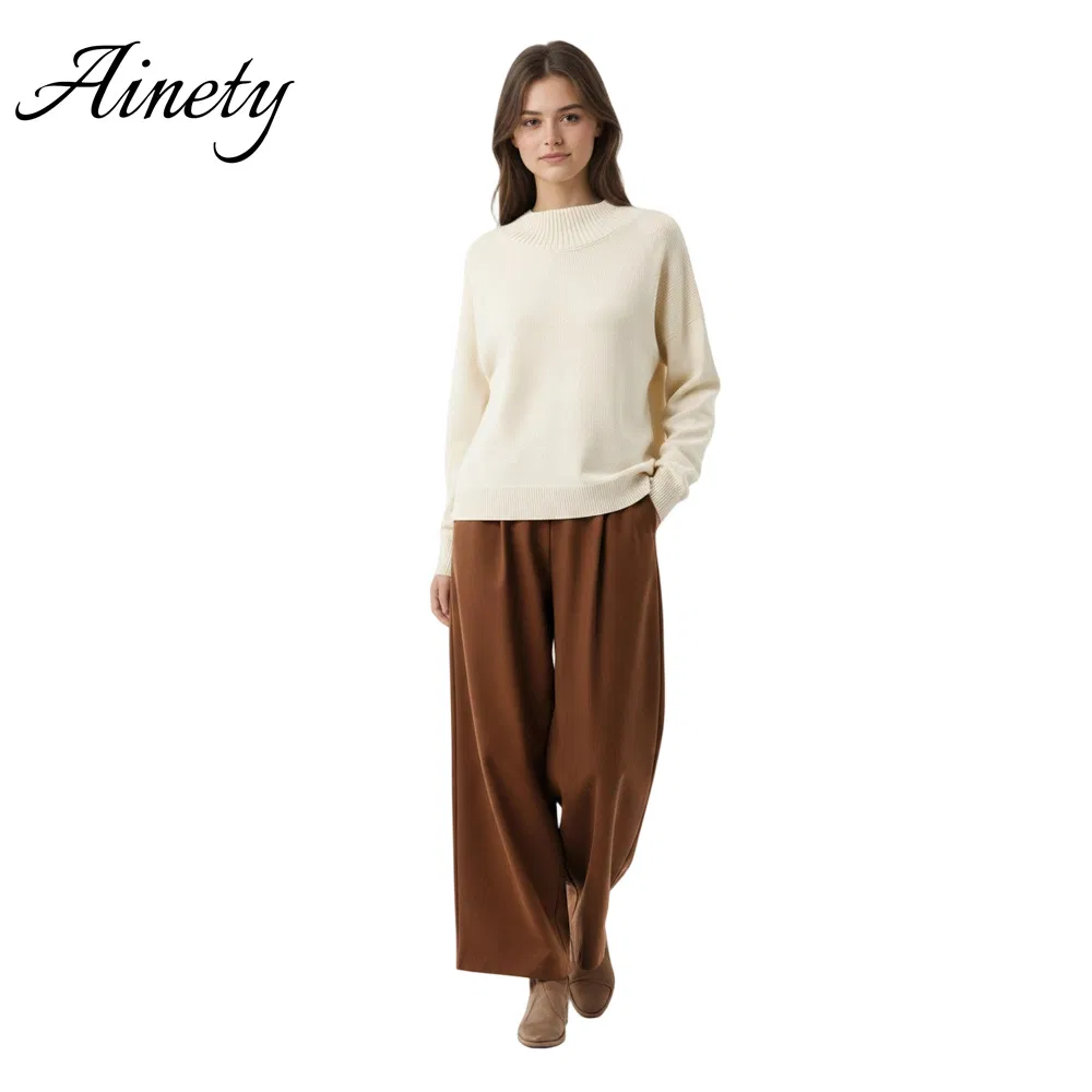 Suéter de luxo feminino tricotado, suéter de pura caxemira, gola alta, ajuste solto, suéter de inverno