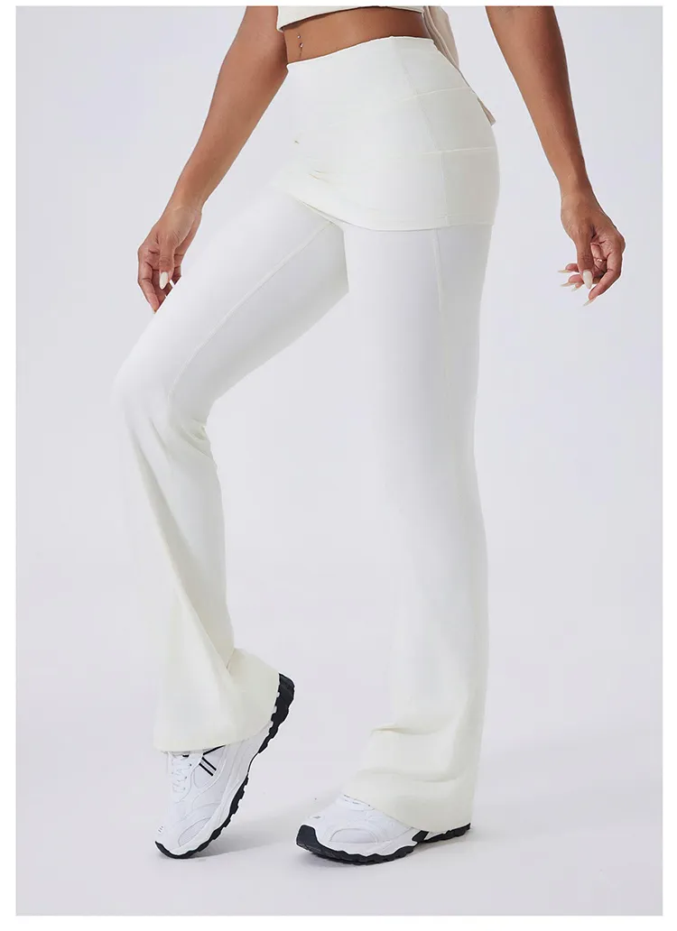 Calças de Yoga Flare de Cintura Alta com Ruchado e Controle de Barriga 4-Way Leggings de Ginástica com Sobreposição de Saia