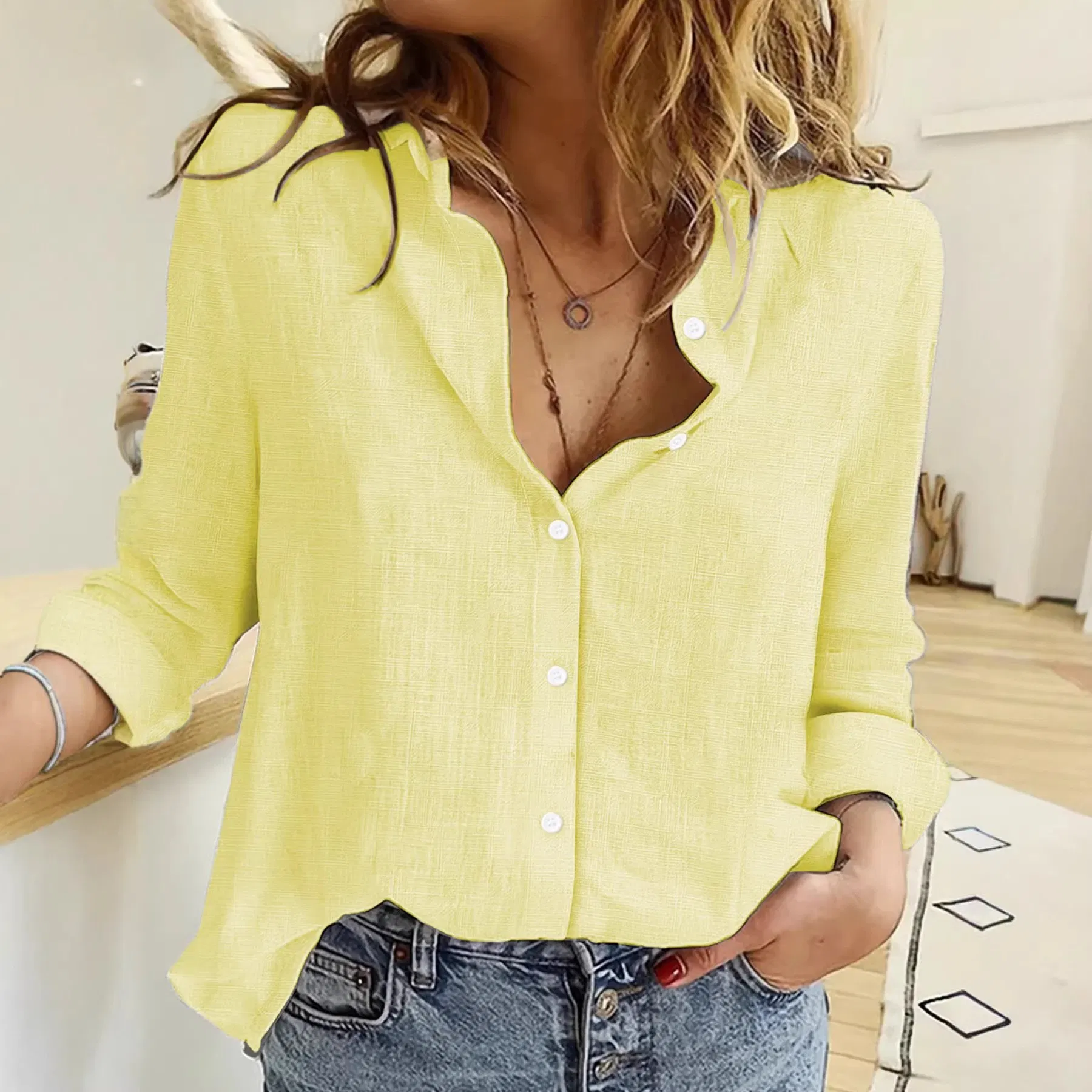 Camisa Casual de Manga Longa Relaxada com Gola Semi Transparente para Mulheres