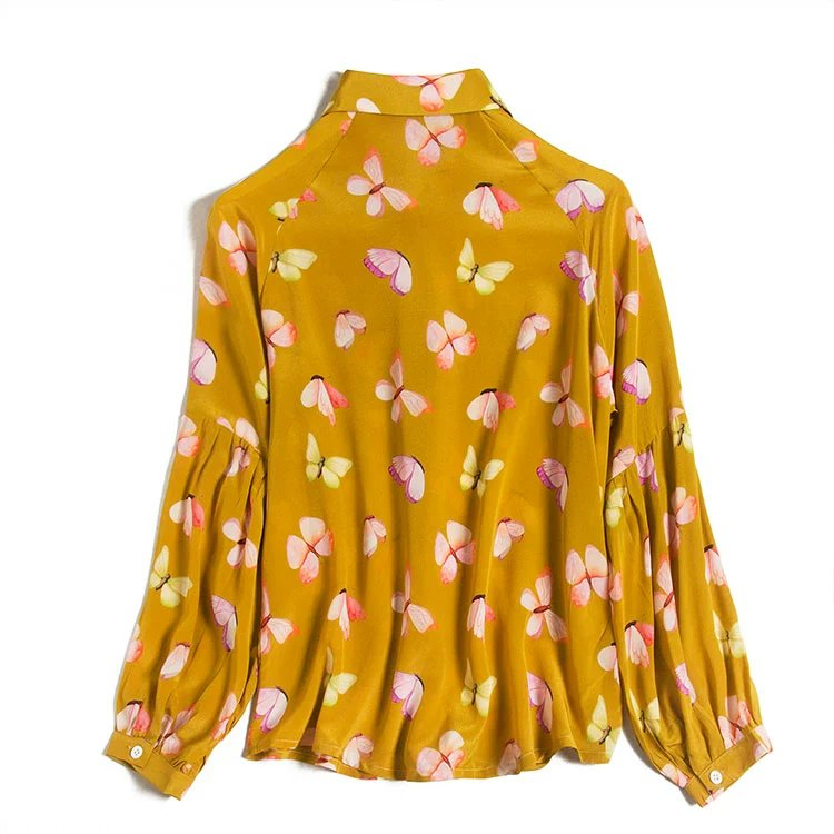 Blusa de Seda Elegante para Mulheres com Mangas de Micro Lanterna Impressas Únicas