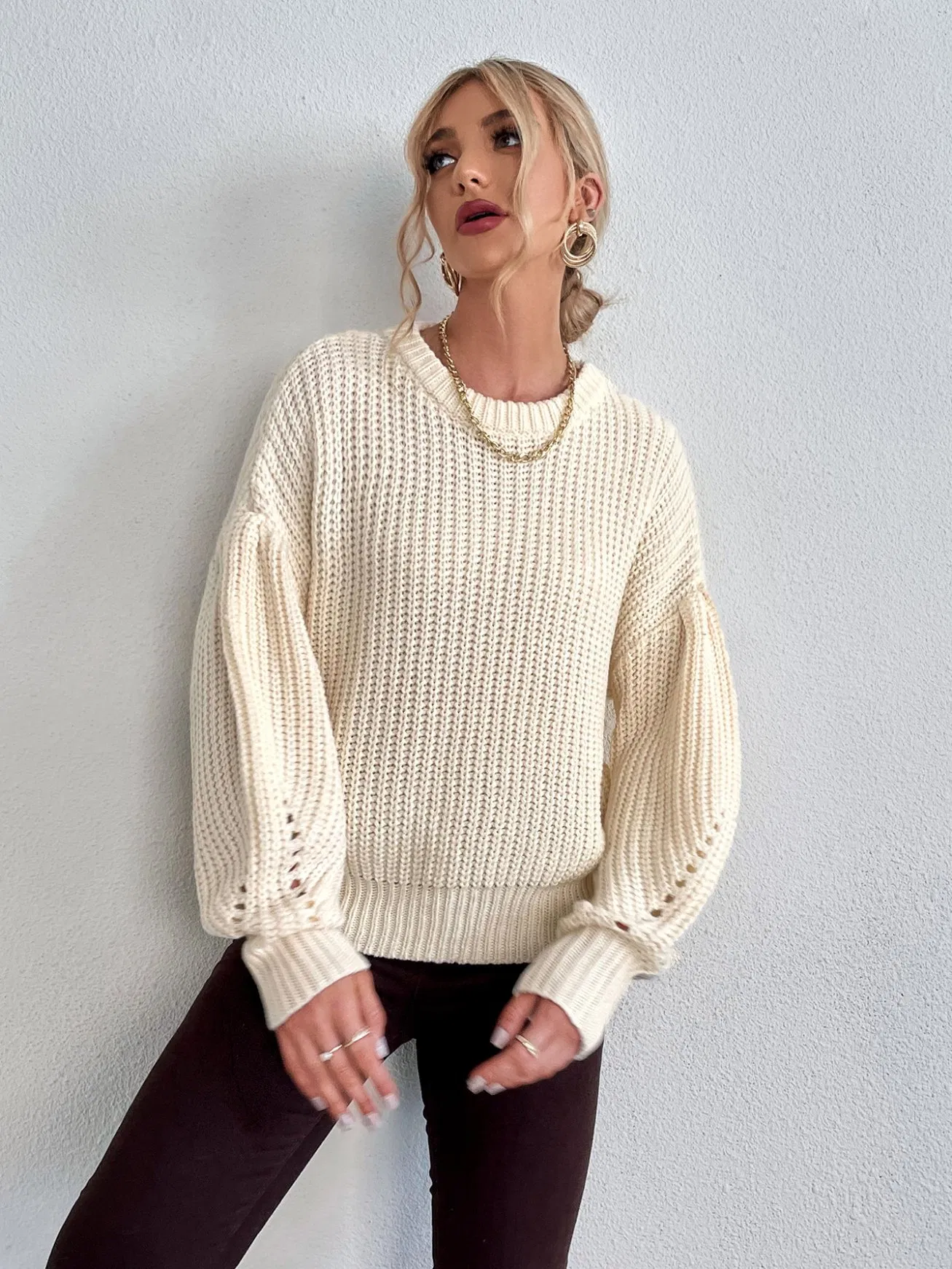 Suéter térmico solto de manga longa tricotado para mulheres, cor pura, espesso, estilo quente de outono e inverno
