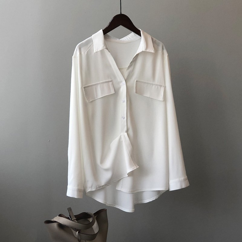 Blusa de seda satinada branca solta e elegante para mulheres, roupas de outono, camisa formal de manga longa com bolso para lady de escritório