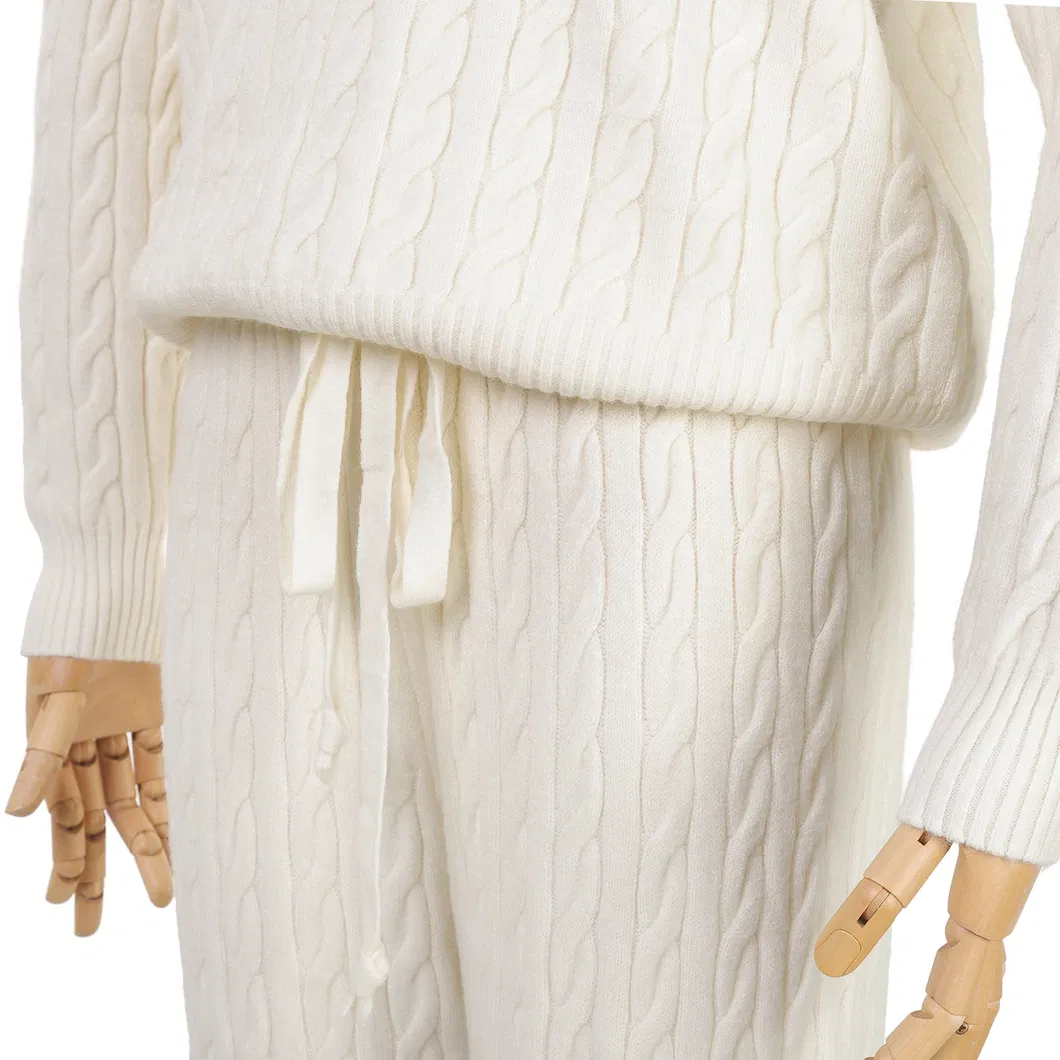 Conjunto de Suéter Feminino em Tricô com Padrão de Tricô em Cor Bege e Calças Longas de Tricô
