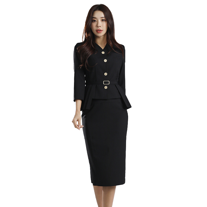 Conjunto Elegante de Blazer Preto com Peplum e Saia Lápis para Mulheres