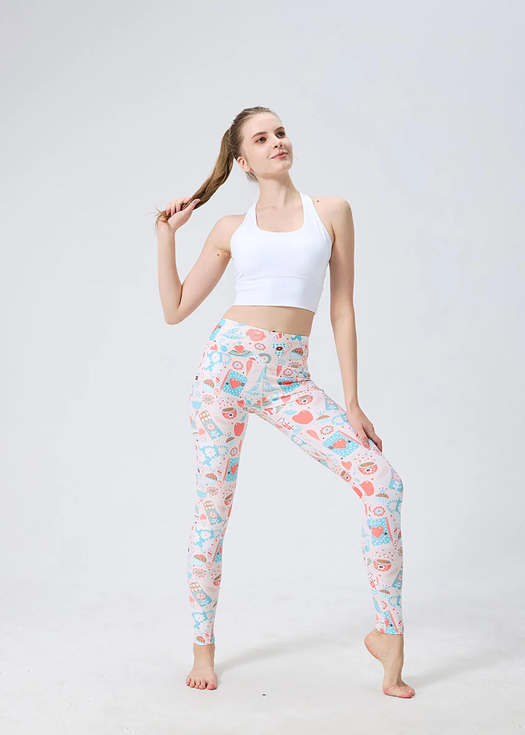 Leggings de Yoga Impressas em Rosa Fofo, Calças de Yoga para Mulheres com Cintura Alta e Elástico Stretchable
