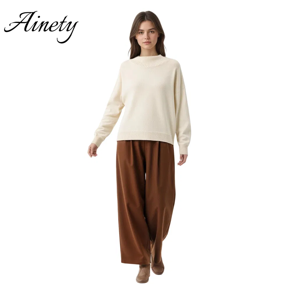 Suéter de luxo feminino tricotado, suéter de pura caxemira, gola alta, ajuste solto, suéter de inverno