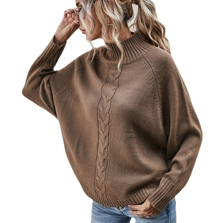 Suéter de malha de gola alta com mangas morcego para o outono e inverno, casaco personalizado, suéter xale para mulheres