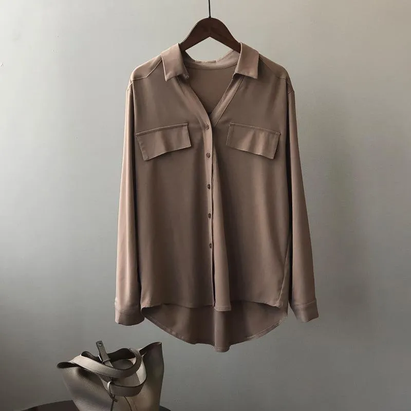 Blusa de seda satinada branca solta e elegante para mulheres, roupas de outono, camisa formal de manga longa com bolso para lady de escritório