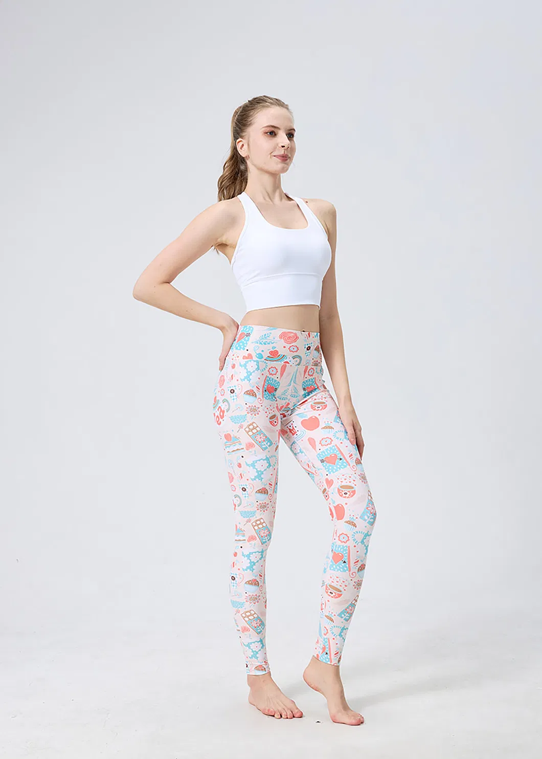 Leggings de Yoga Impressas em Rosa Fofo, Calças de Yoga para Mulheres com Cintura Alta e Elástico Stretchable