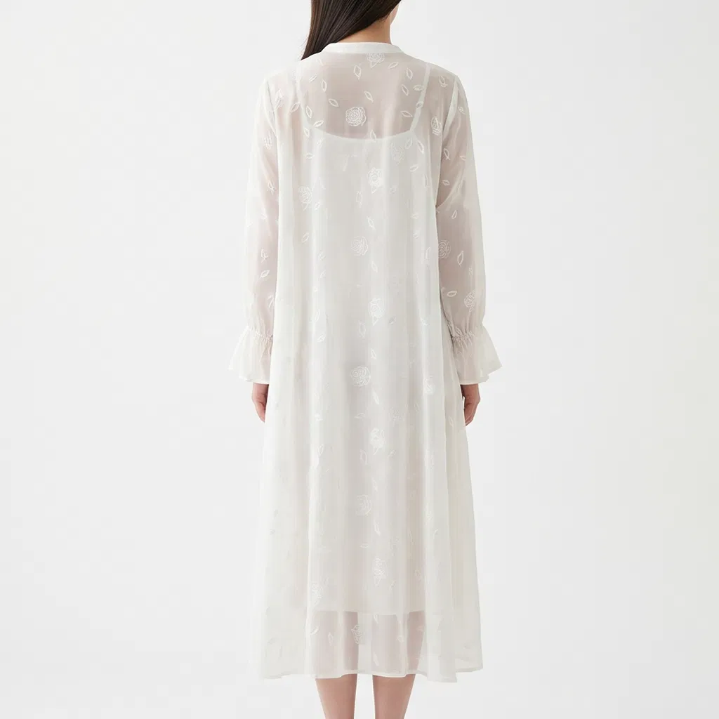 Vestido Longo Jacquard de Cor Sólida para Mulheres, Decote em V, Manga Flare, Blusa Tunic de Jacquard Floral Transparente