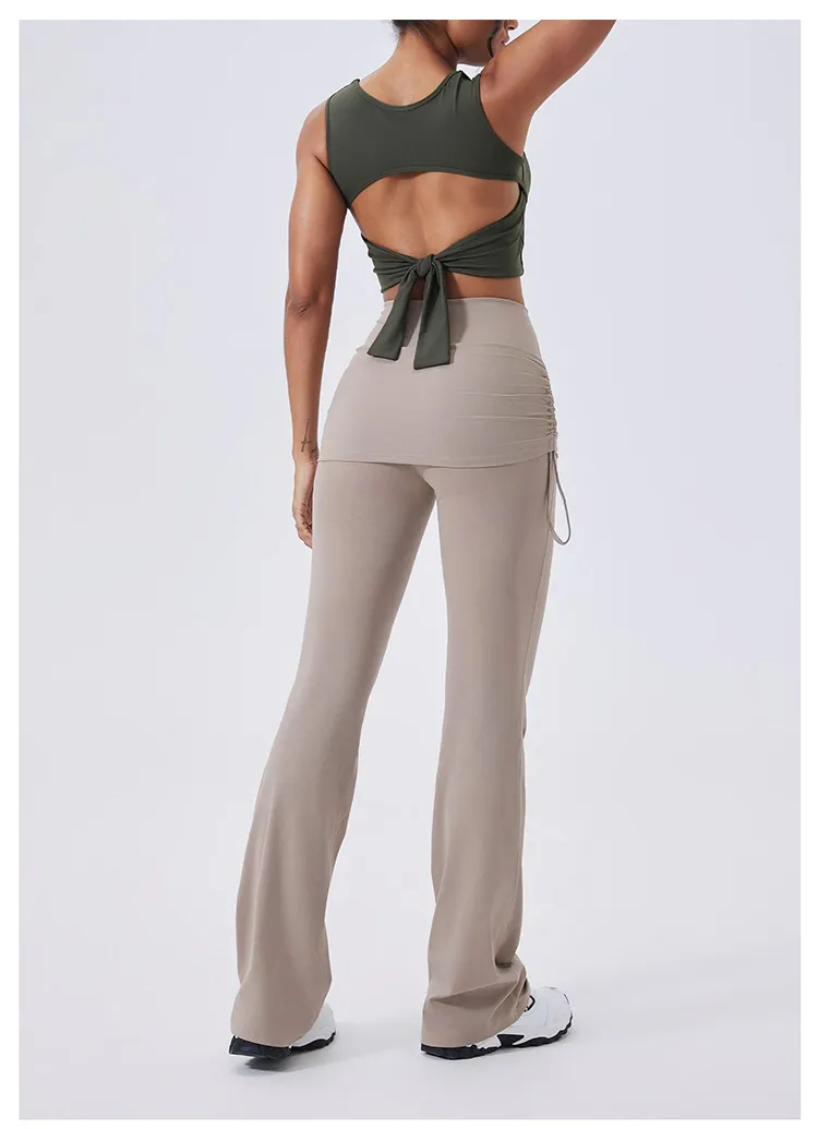 Calças de Yoga Flare de Cintura Alta com Ruchado e Controle de Barriga 4-Way Leggings de Ginástica com Sobreposição de Saia