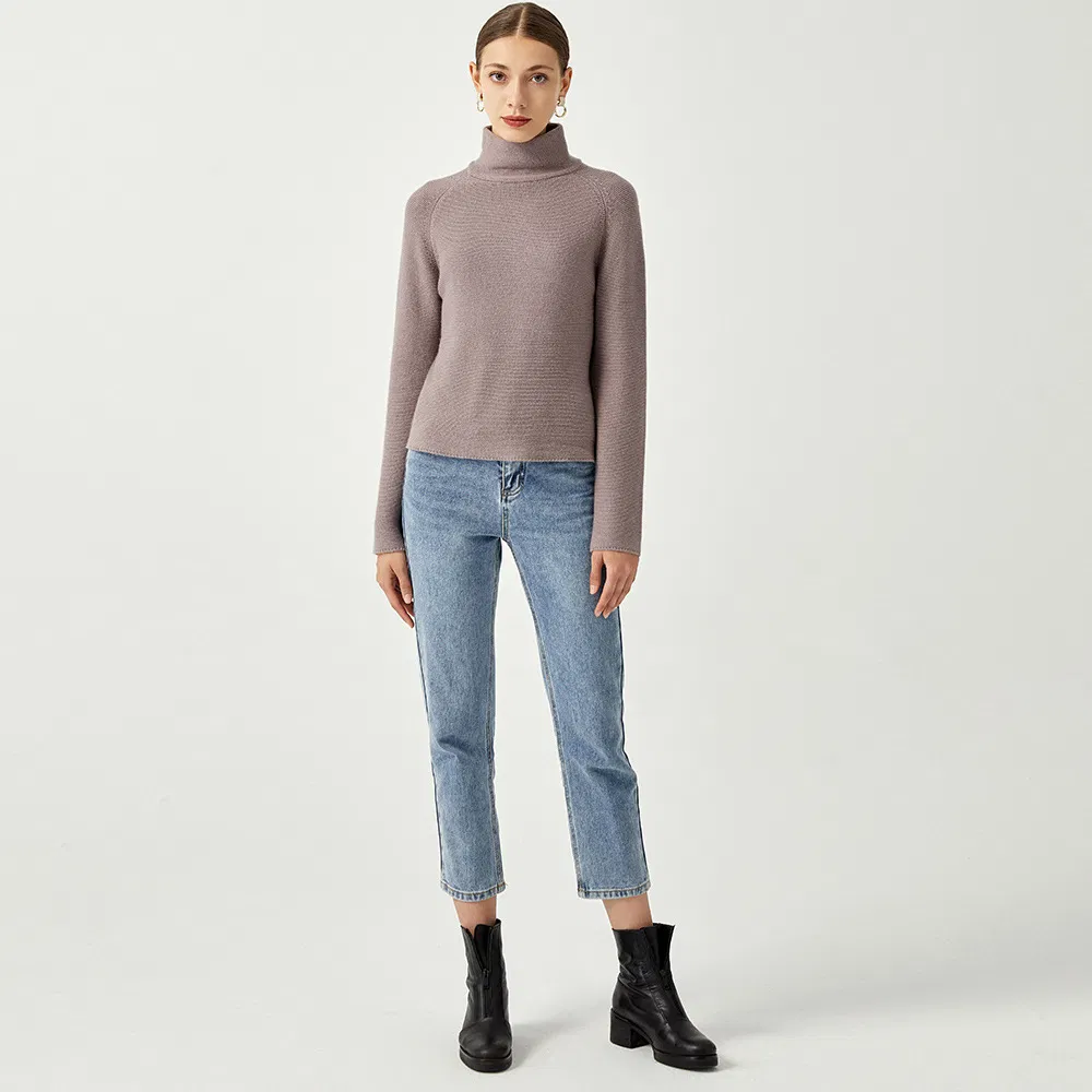 Suéter de pulôver curto para mulheres, com gola alta, de manga longa, em cashmere personalizado para o inverno