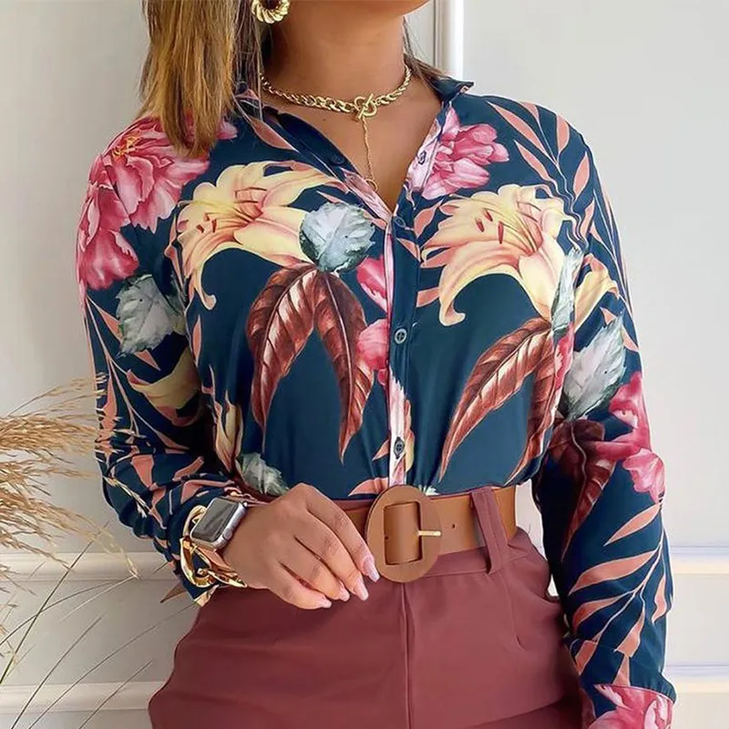Blusas de Manga Longa Femininas Camisa Floral Impressa