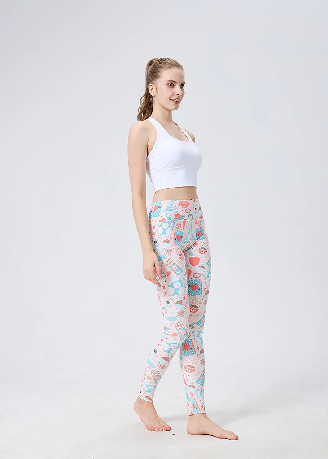 Leggings de Yoga Impressas em Rosa Fofo, Calças de Yoga para Mulheres com Cintura Alta e Elástico Stretchable