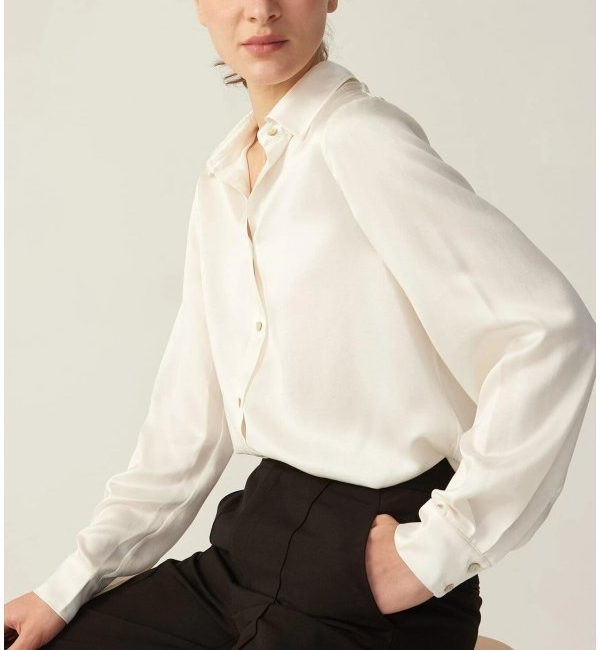 Camisa de botão feminina de seda satin com mangas longas