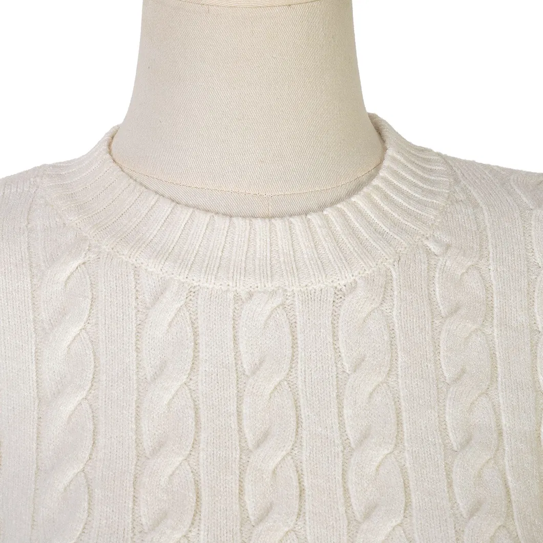 Conjunto de Suéter Feminino em Tricô com Padrão de Tricô em Cor Bege e Calças Longas de Tricô