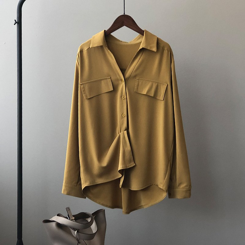 Blusa de seda satinada branca solta e elegante para mulheres, roupas de outono, camisa formal de manga longa com bolso para lady de escritório