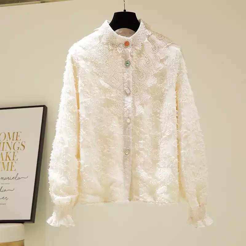 2021 Moda casual para mulher lace camisa de manga comprida